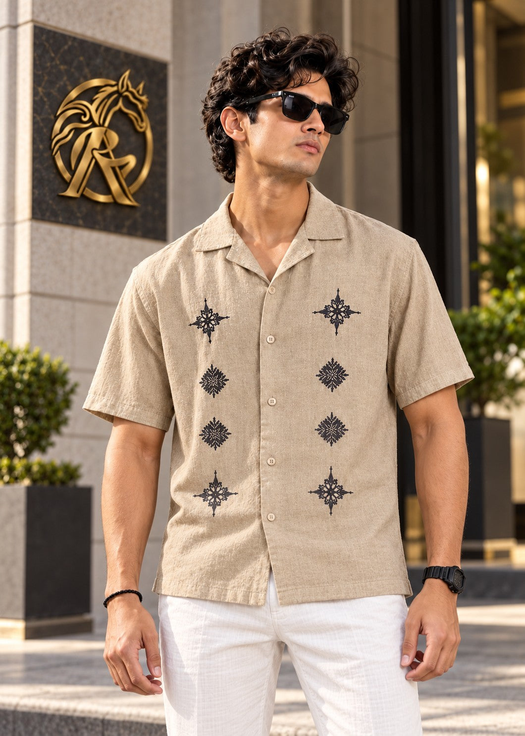 Men's beige short sleeve motif camp collar shirt — street model view | Raakaat