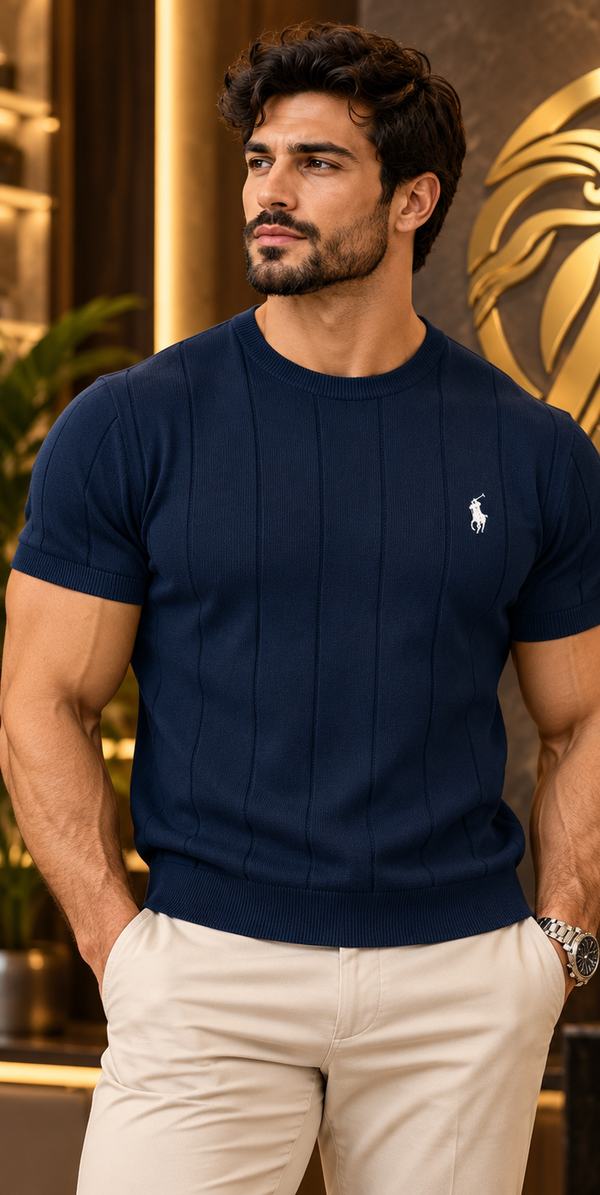 Men's Navy Blue ribbed crew-neck knit T-shirt modeled, no text overlay