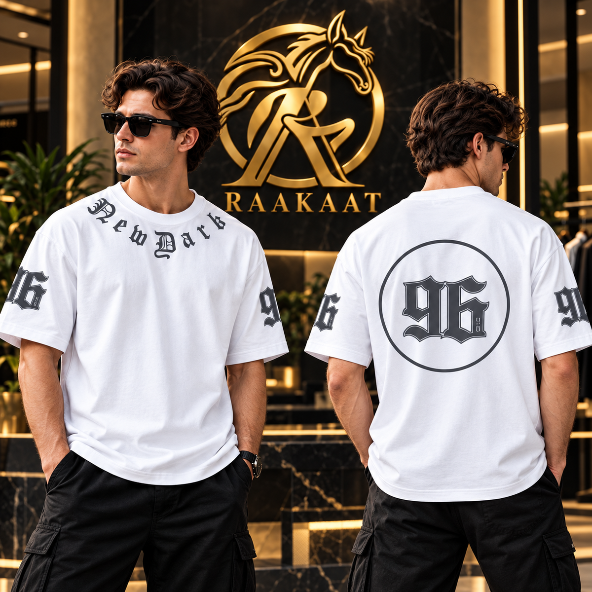Raakaat white New Darb oversized graphic T-shirt front and back view