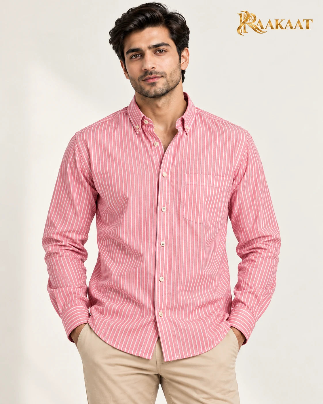 Men's pink & white striped shirt — front