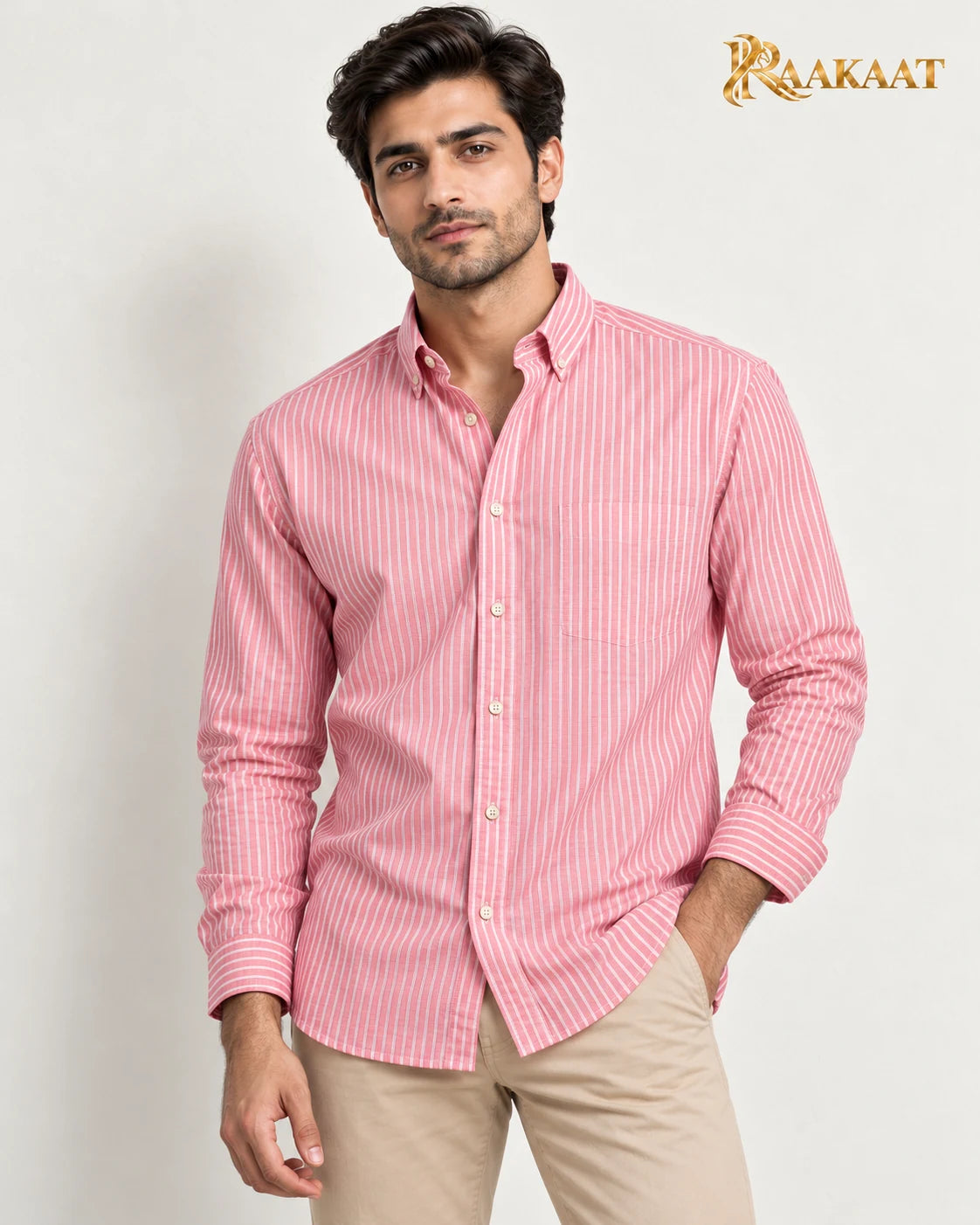 Men's pink & white striped shirt — three-quarter