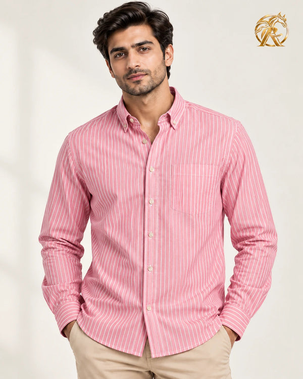 Men's pink & white striped shirt — collar detail