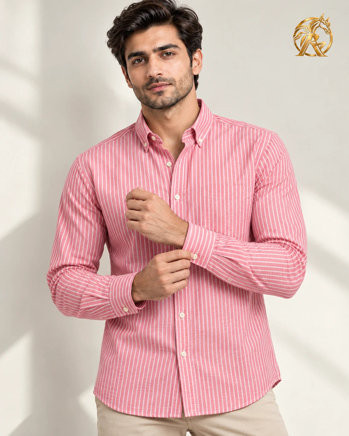 Men's pink & white striped shirt — cuff detail
