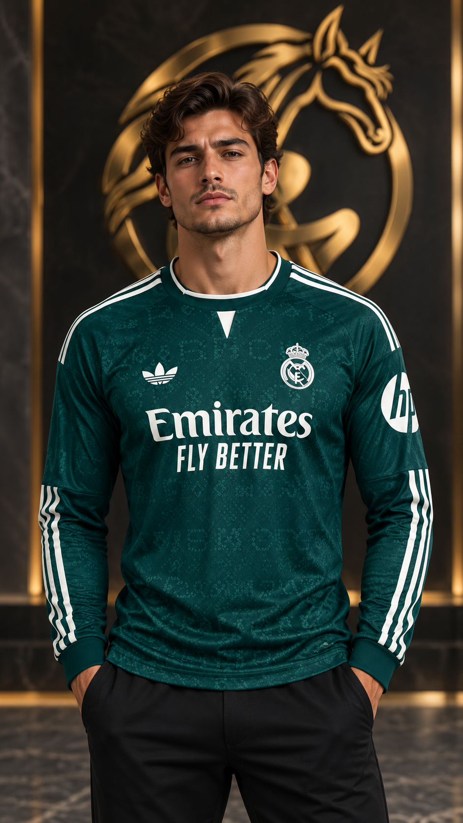 Men's Real Madrid Dark Green long sleeve football jersey modeled, front view | Raakaat