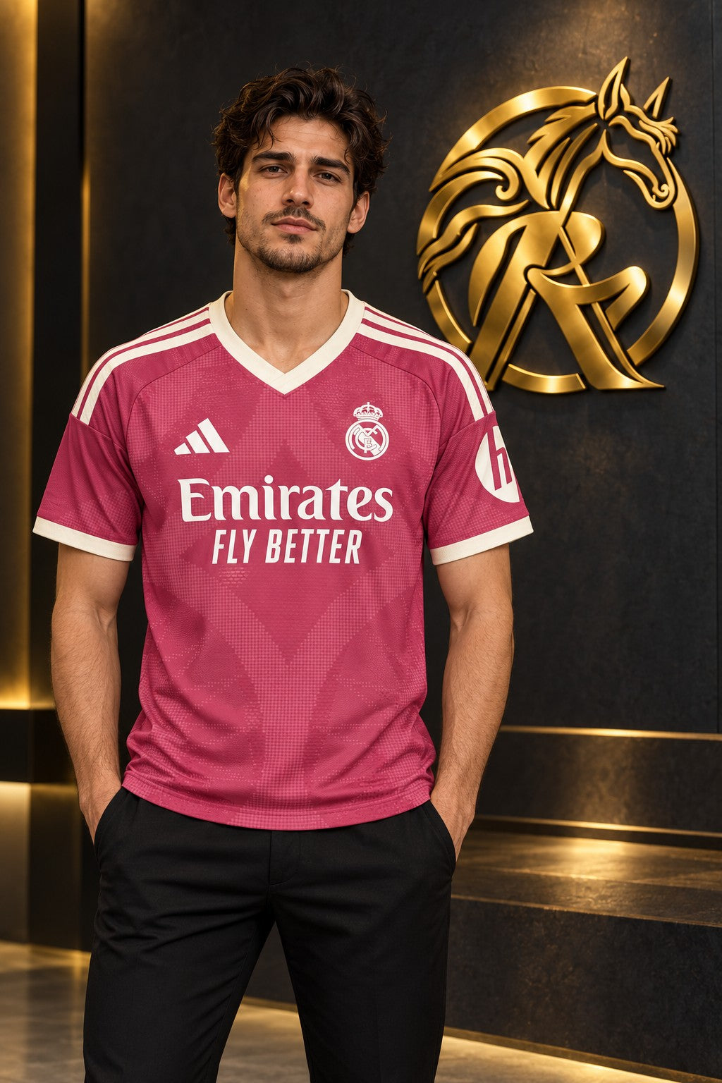 Real Madrid Pink Football Jersey – Off-White Trim – front model view