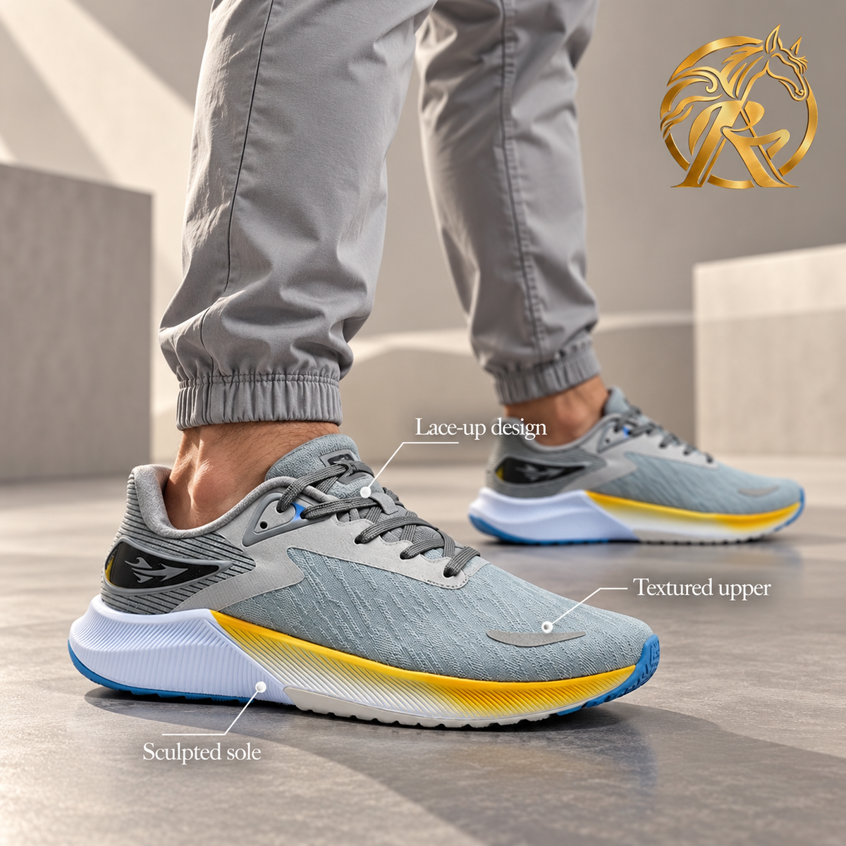 Men's Grey & Yellow Lace-Up Sneakers — model styling and design details