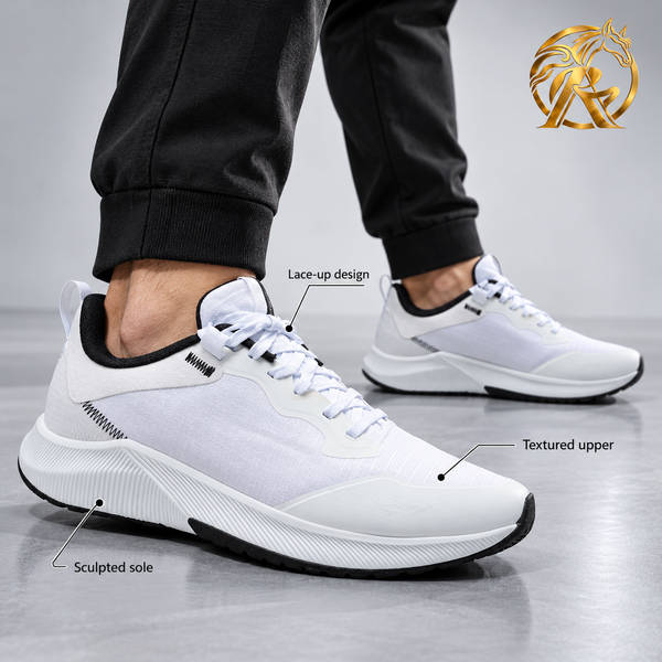 Men's White & Black Stitch-Detail Sneakers — model styling and design details