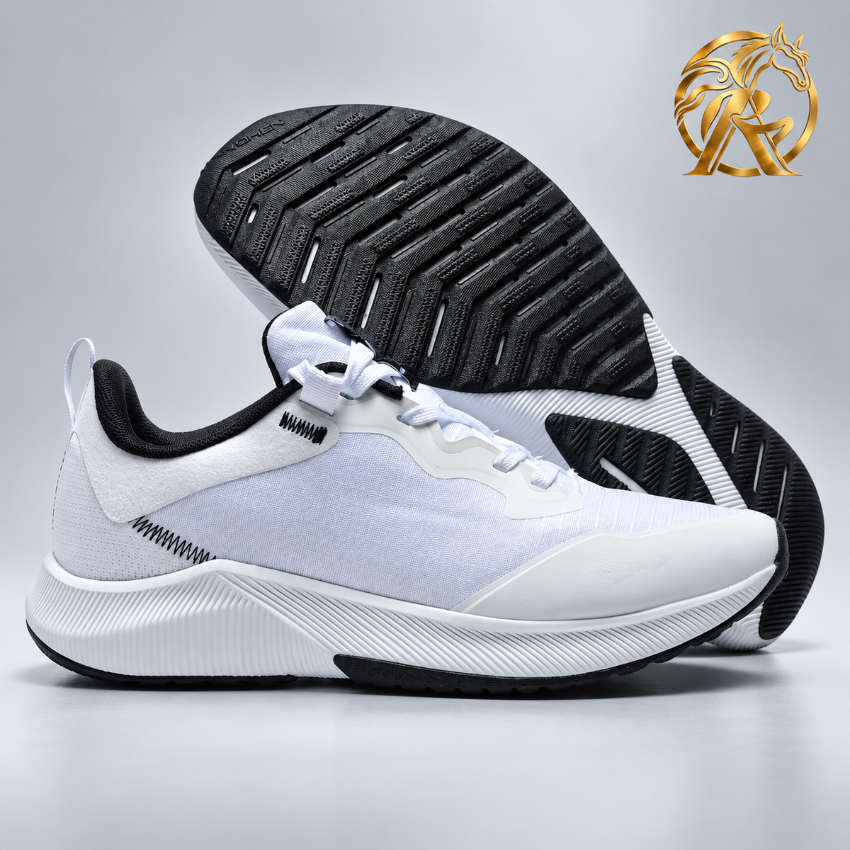 Men's White & Black Stitch-Detail Sneakers — product and outsole view