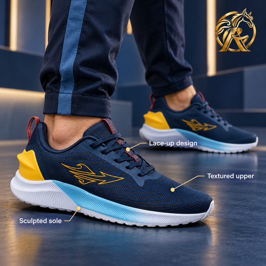 Men's Navy & Yellow Sport-Style Sneakers — model styling and design details