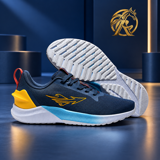 Men's Navy & Yellow Sport-Style Sneakers — product and outsole view
