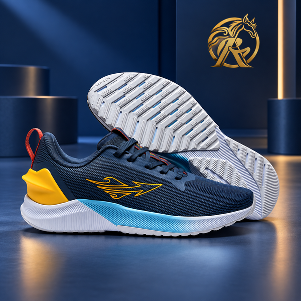 Men's Navy & Yellow Sport-Style Sneakers — product and outsole view
