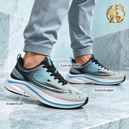 Men's Grey & Aqua Graphic Lace-Up Sneakers — model styling and design details