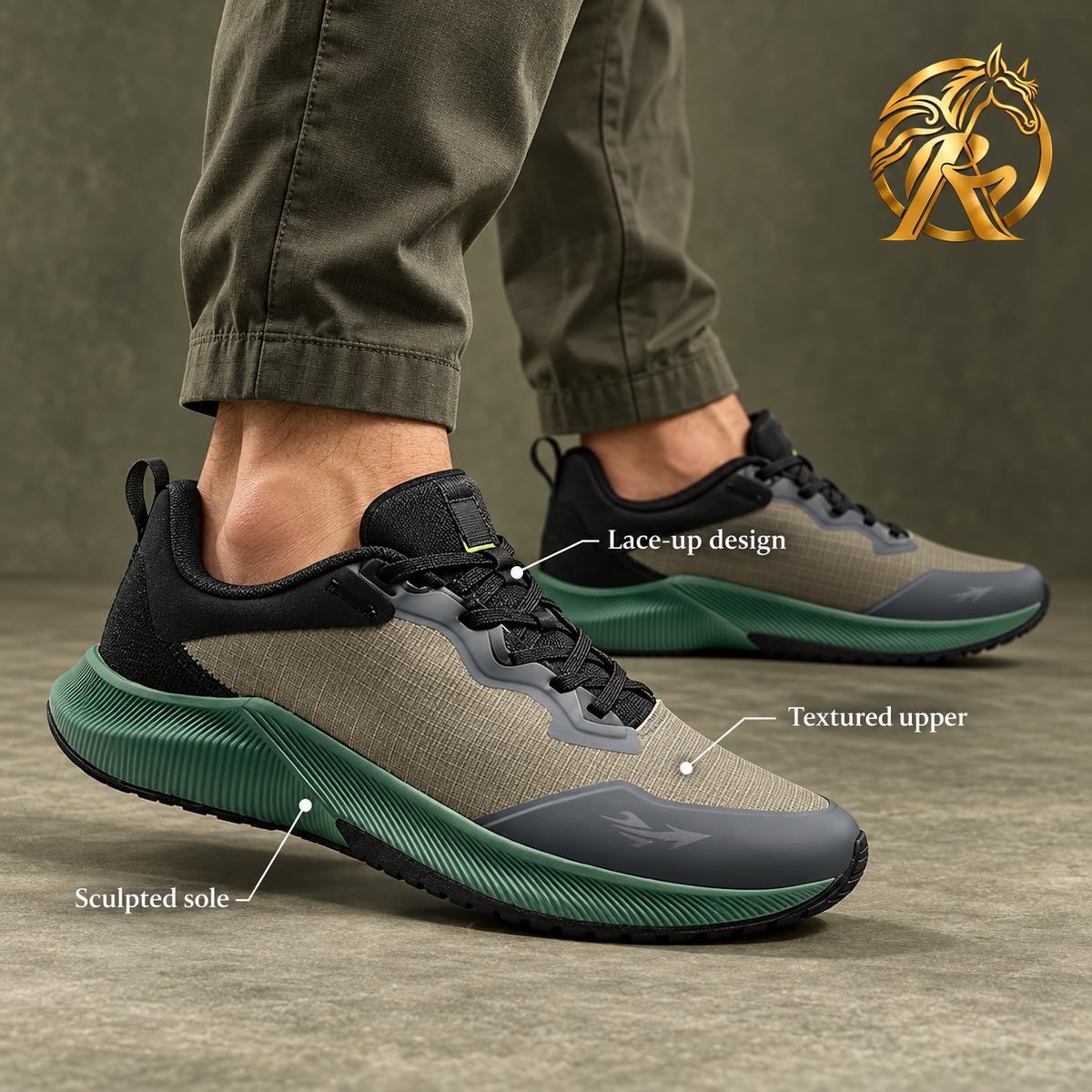 Men's Olive & Green Lace-Up Sneakers — model styling and design details