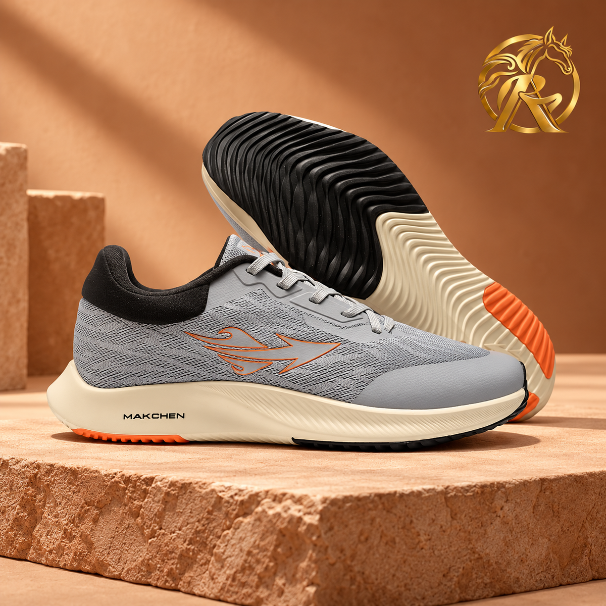 MAKCHEN Men's Grey & Orange Wave-Sole Sneakers — product and outsole view