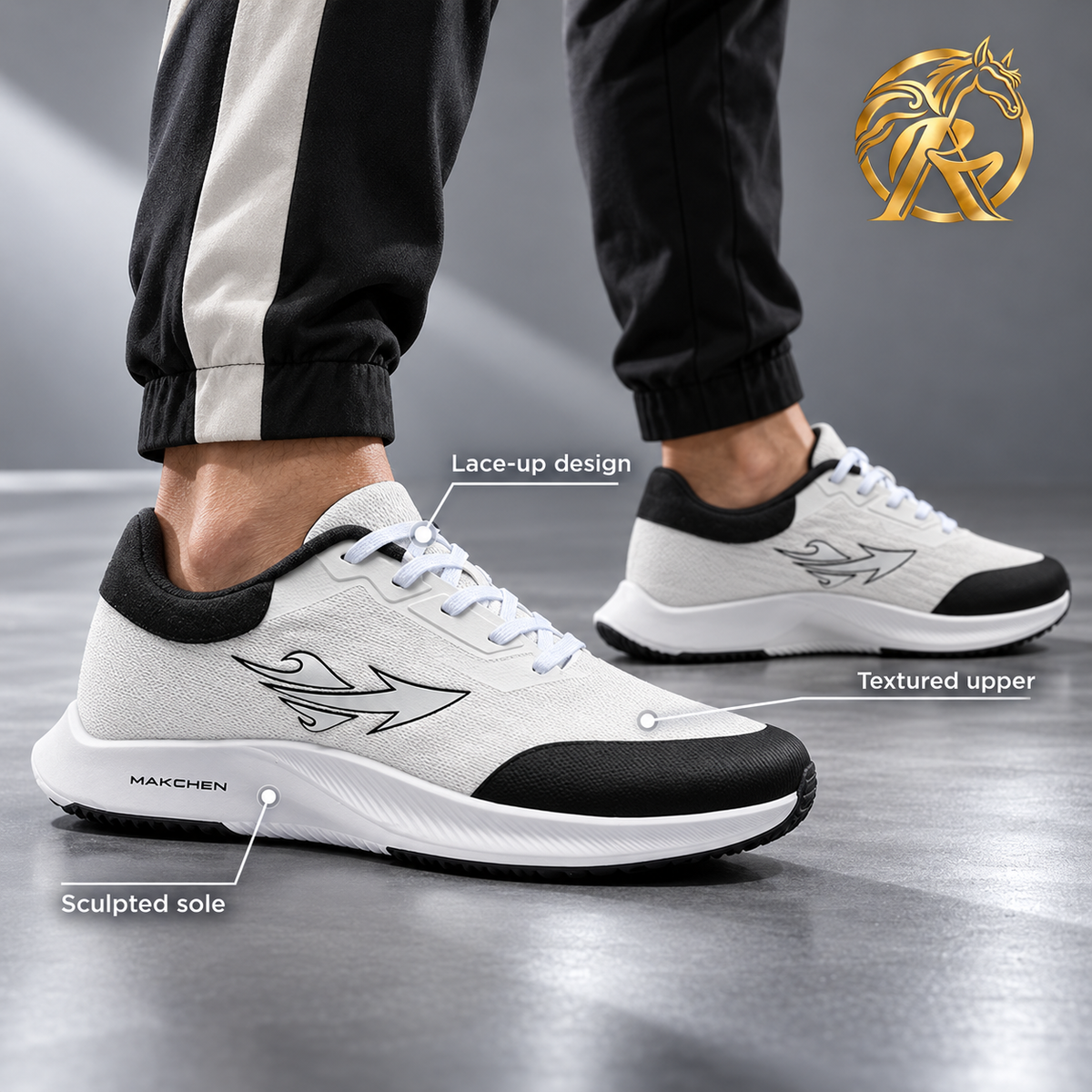 MAKCHEN Men's White & Black Wave-Sole Sneakers — model styling and design details