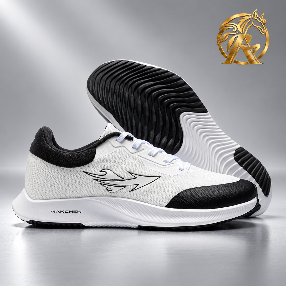 MAKCHEN Men's White & Black Wave-Sole Sneakers — product and outsole view