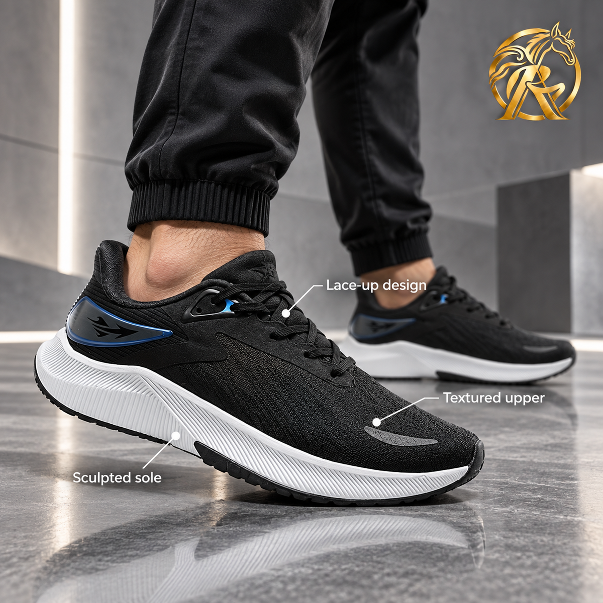 Men's Black & White Sneakers with Blue Heel Detail — model styling and design details