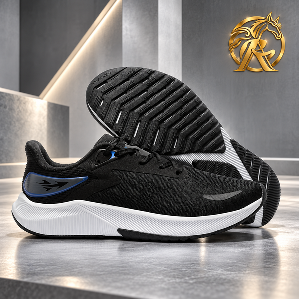 Men's Black & White Sneakers with Blue Heel Detail — product and outsole view