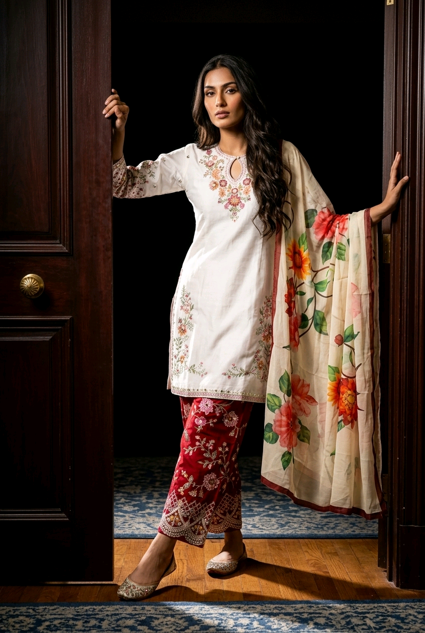 Ethereal Ivory & Crimson Floral Embroidered Three-Piece Suit ( Stitched ) |TPS01 - Raakaat