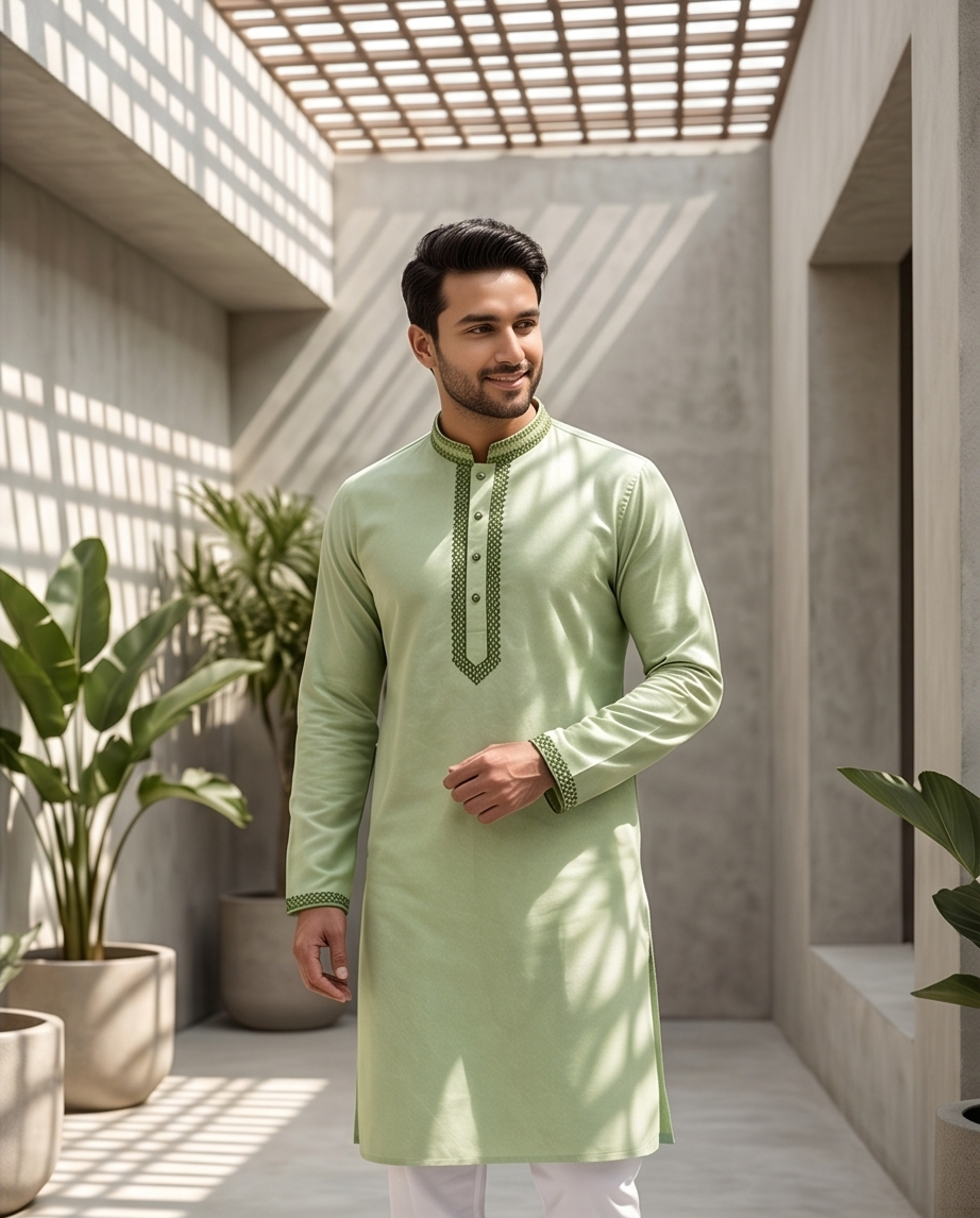 Pastel Mint Stretch Cotton Panjabi – Men’s Premium Embroidered Traditional Wear | 435 - Raakaat