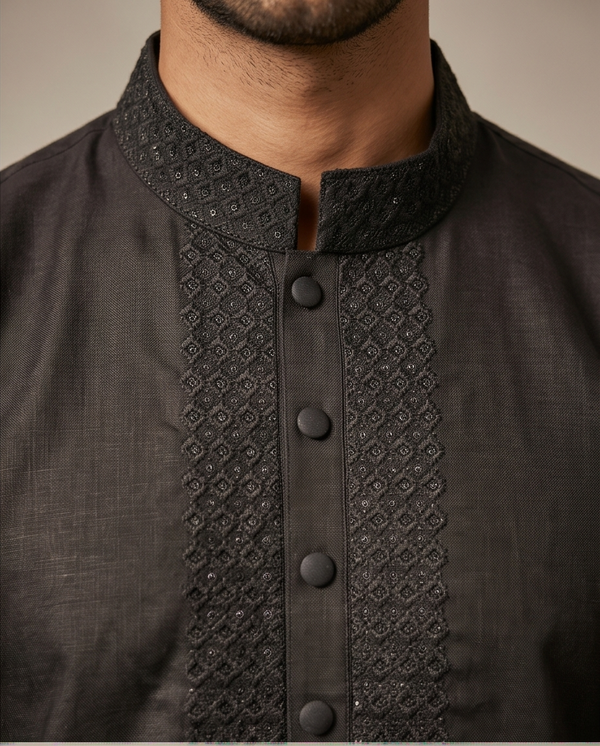 Charcoal Onyx Embroidered Panjabi|226| - Raakaat