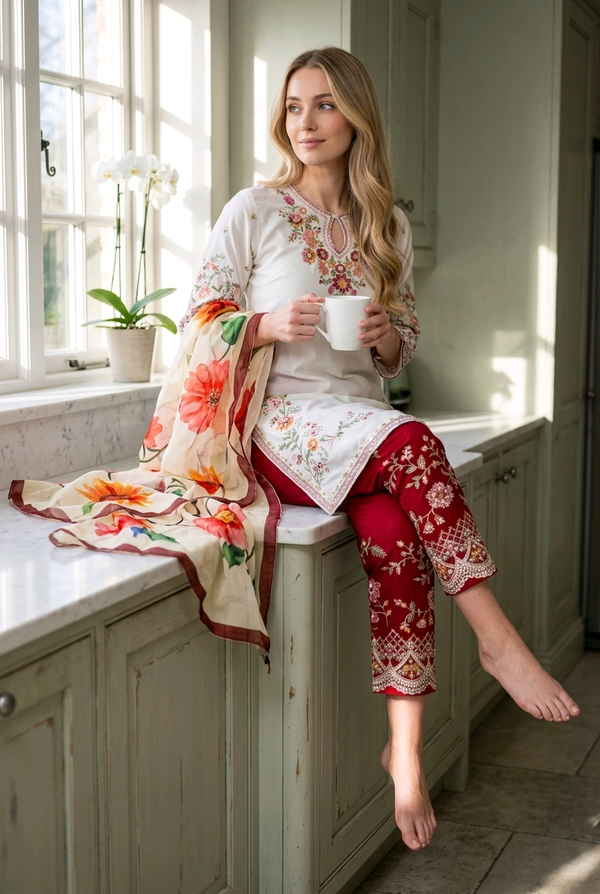 Ethereal Ivory & Crimson Floral Embroidered Three-Piece Suit ( Stitched ) |TPS01 - Raakaat