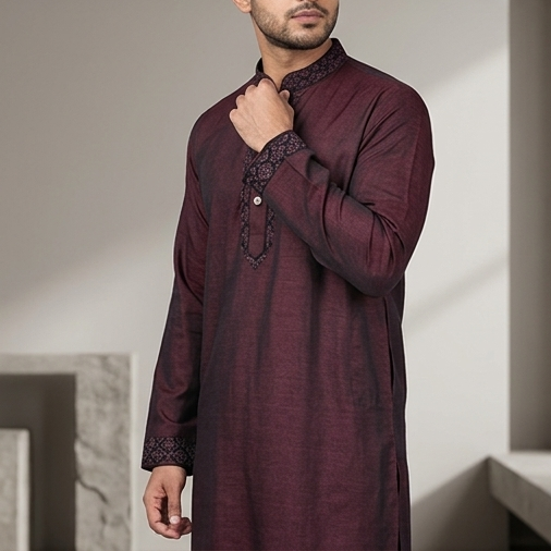 Premium Maroon Embroidered Panjabi – Elegant Traditional Wear for Men | 381