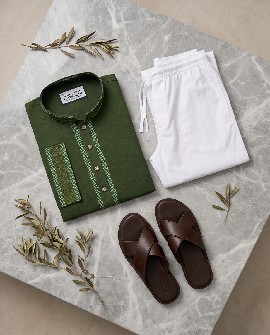 Deep Olive Stretch Cotton Panjabi – Men’s Premium Embroidered Traditional Wear  | 433 - Raakaat