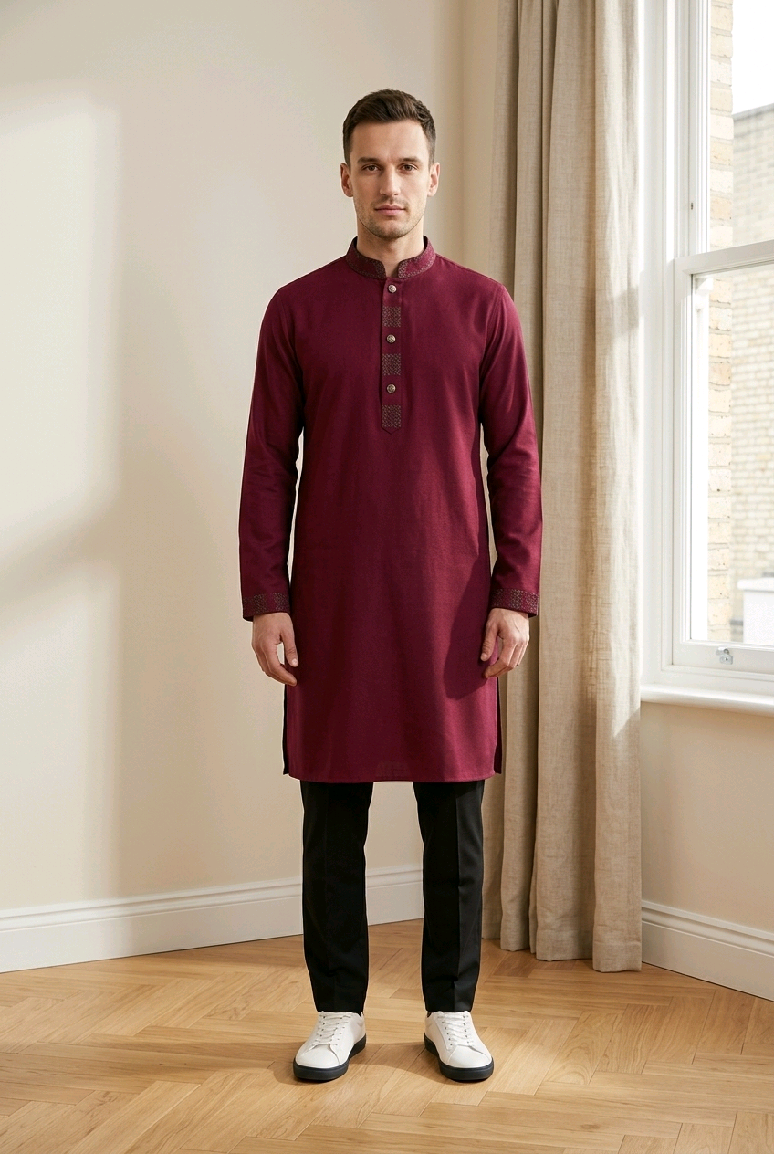 Deep Maroon Filigree Panjabi | P0025|401 - Raakaat