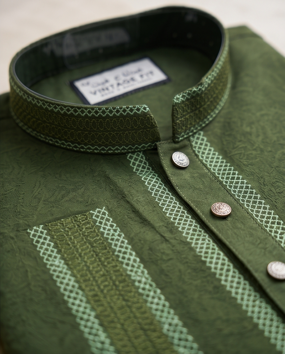 Deep Olive Stretch Cotton Panjabi – Men’s Premium Embroidered Traditional Wear  | 433 - Raakaat