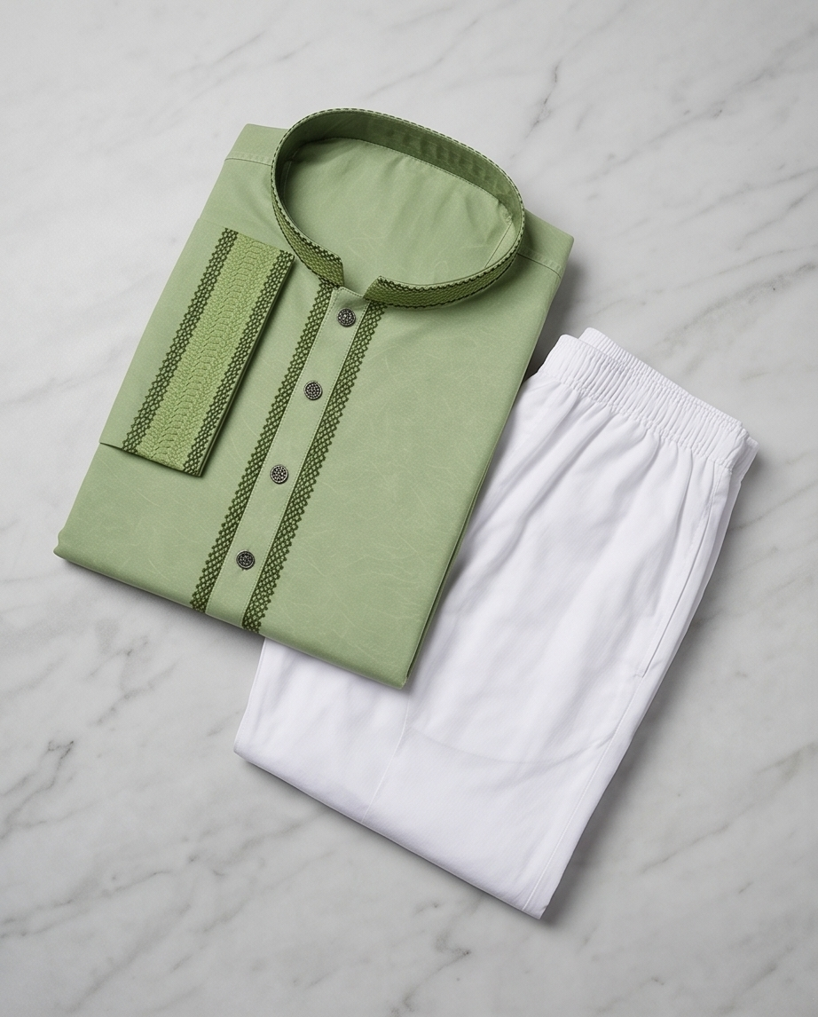 Pastel Mint Stretch Cotton Panjabi – Men’s Premium Embroidered Traditional Wear | 435 - Raakaat