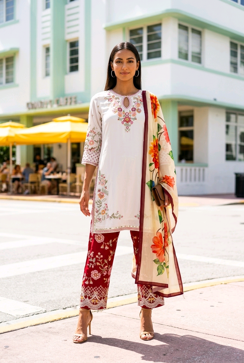 Ethereal Ivory & Crimson Floral Embroidered Three-Piece Suit ( Stitched ) |TPS01 - Raakaat