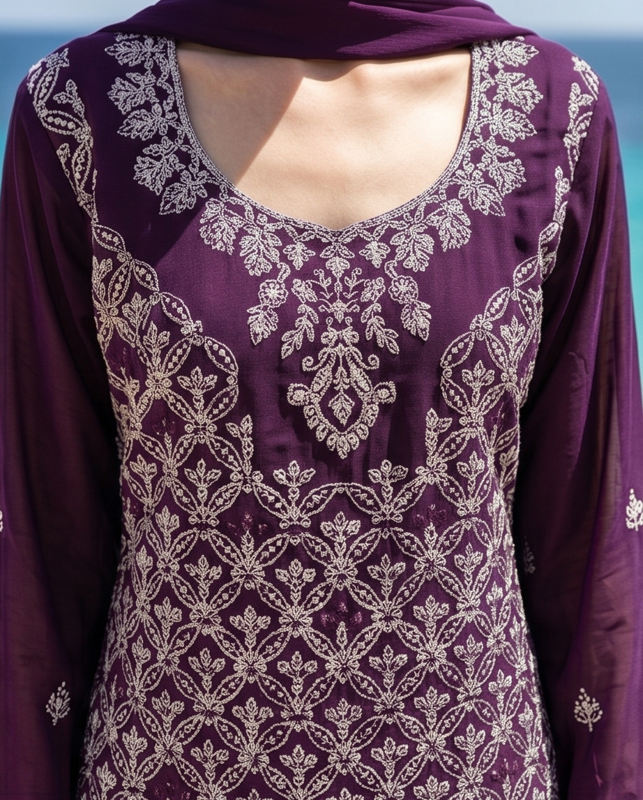 3-Piece  Embroidered stitched Salwar Kameez with Flared Sharara Pants | TPS04 - Raakaat