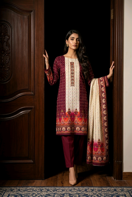 Elegant Plum Maroon Printed Jamjam Cotton Unstitched Three-Piece Suit.. - Raakaat