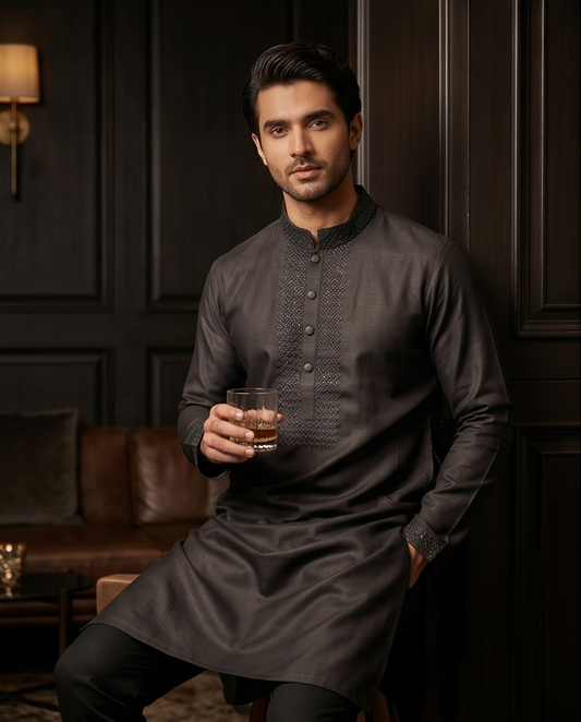 Charcoal Onyx Embroidered Panjabi|226| - Raakaat