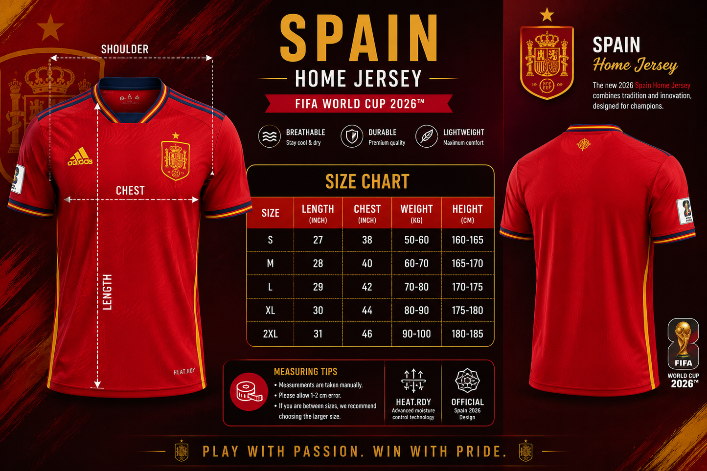 Spain Home Jersey – Red & Navy Gold-Pinstripe 1-Star National Football Shirt