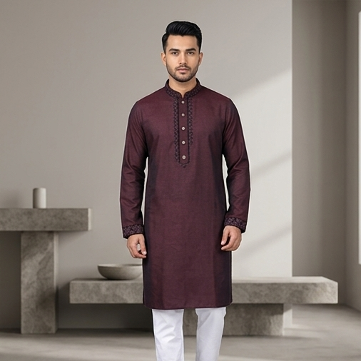 Premium Maroon Embroidered Panjabi – Elegant Traditional Wear for Men | 381