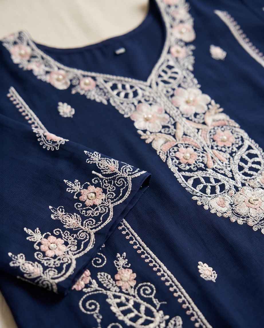 Premium Indigo Blue Embroidered Cotton Kurti Set|TPS05| - Raakaat