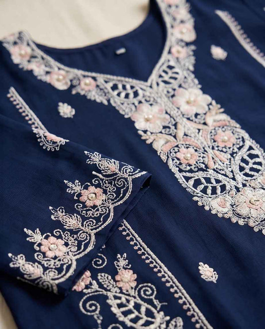 Premium Indigo Blue Embroidered Cotton Kurti Set|TPS05| - Raakaat