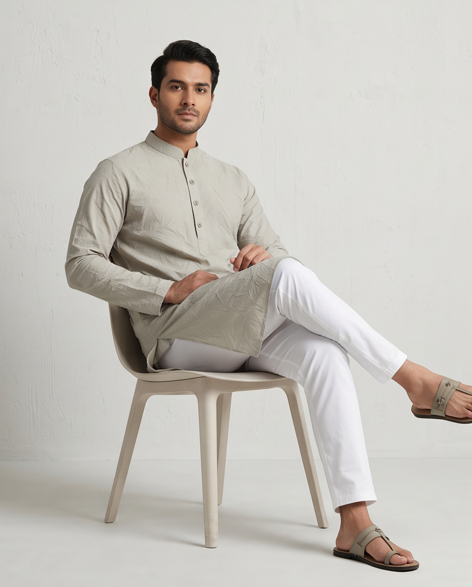 Premium Sage Crinkle-Texture Men’s Panjabi|430| - Raakaat