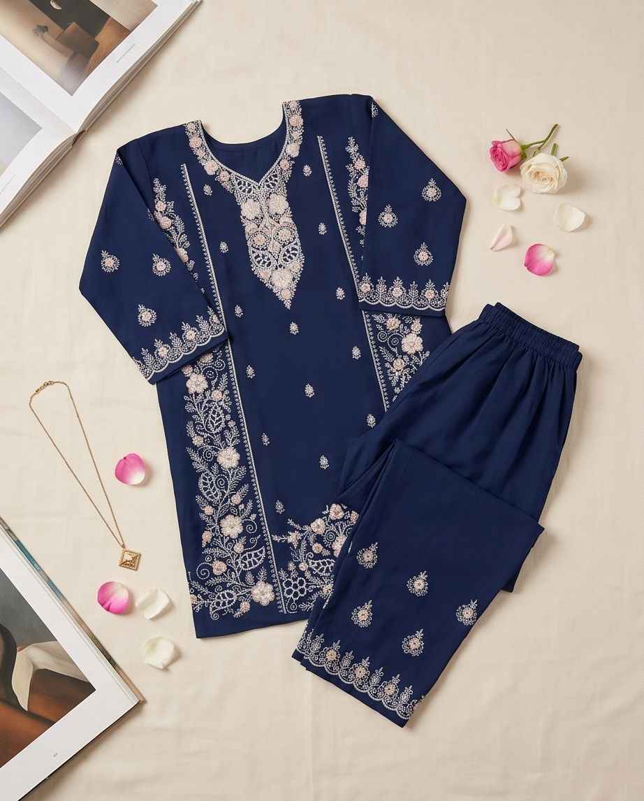 Premium Indigo Blue Embroidered Cotton Kurti Set|TPS05| - Raakaat