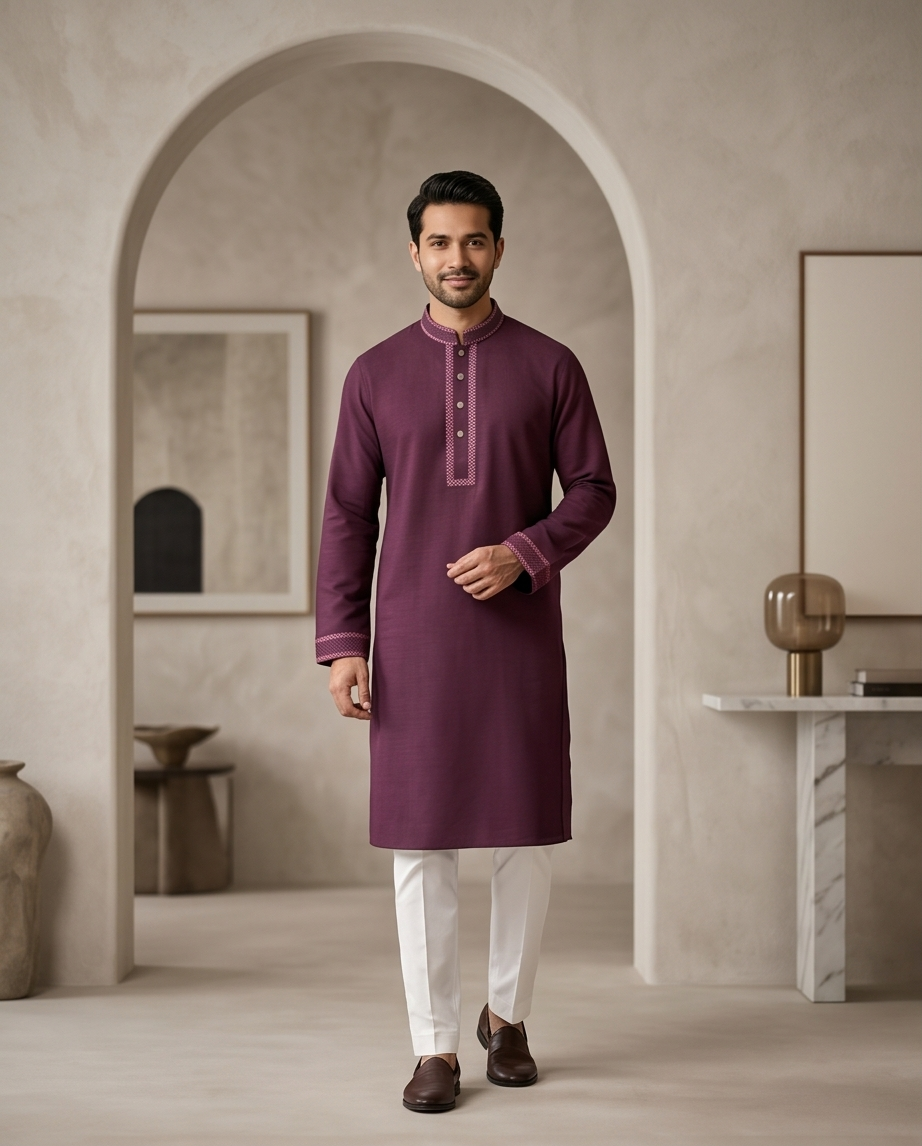 Royal Maroon Stretch Cotton Panjabi – Men’s Premium Embroidered Traditional Wear | 434 - Raakaat