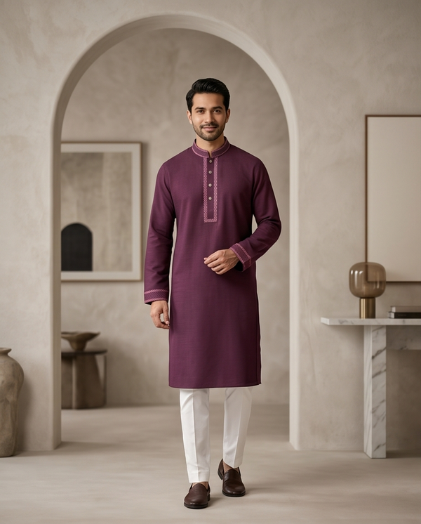 Royal Maroon Stretch Cotton Panjabi – Men’s Premium Embroidered Traditional Wear | 434 - Raakaat