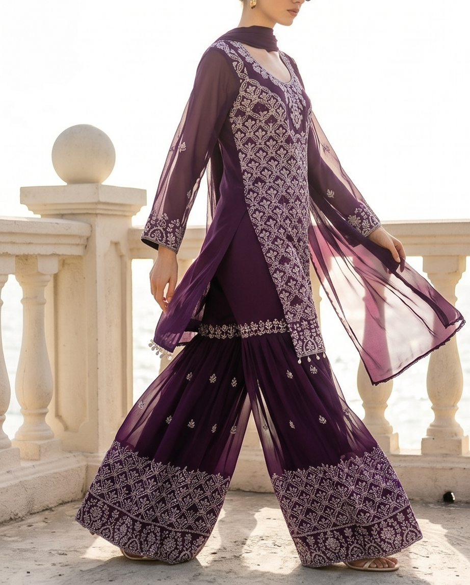 3-Piece  Embroidered stitched Salwar Kameez with Flared Sharara Pants | TPS04 - Raakaat