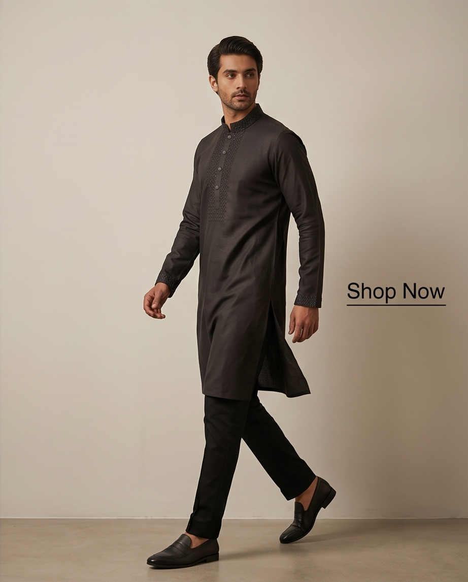 Charcoal Onyx Embroidered Panjabi|226| - Raakaat