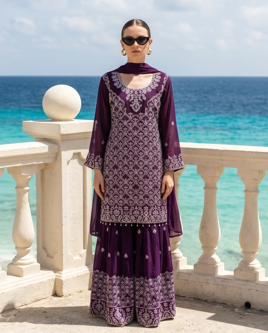 3-Piece  Embroidered stitched Salwar Kameez with Flared Sharara Pants | TPS04 - Raakaat
