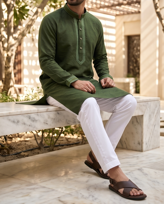 Deep Olive Stretch Cotton Panjabi – Men’s Premium Embroidered Traditional Wear  | 433 - Raakaat