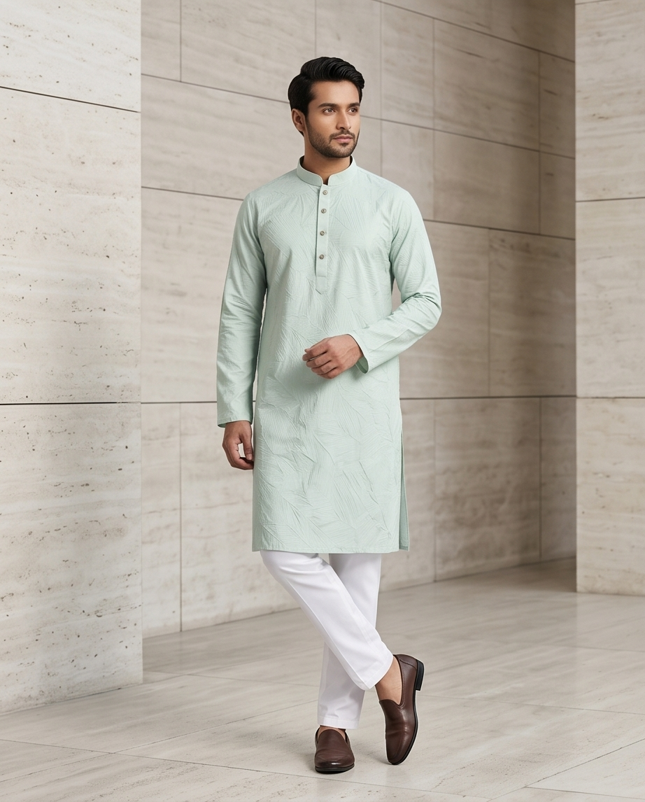 Sage Mist Textured Leaf-Pattern Panjabi |431| - Raakaat