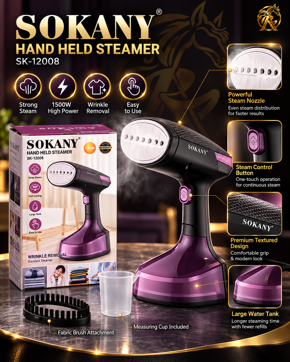 Sokany SK-12008 steamer packaging and accessories detail image
