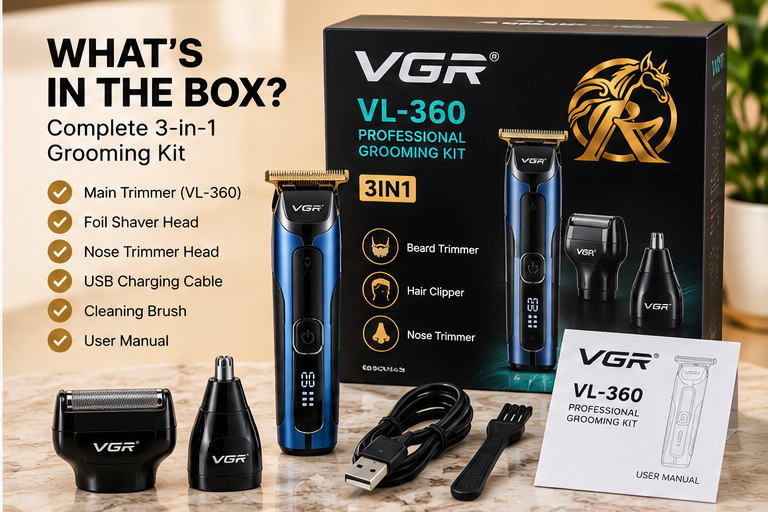 VGR VL-360 grooming kit box and accessories with Raakaat branding